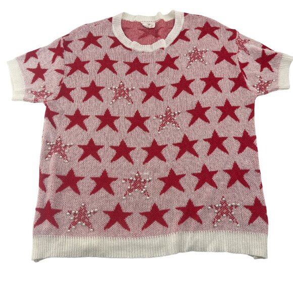 BiBi Red Star Pattern Knit Sweater M Short Sleeve Acrylic/Polyester - Picture 1 of 5